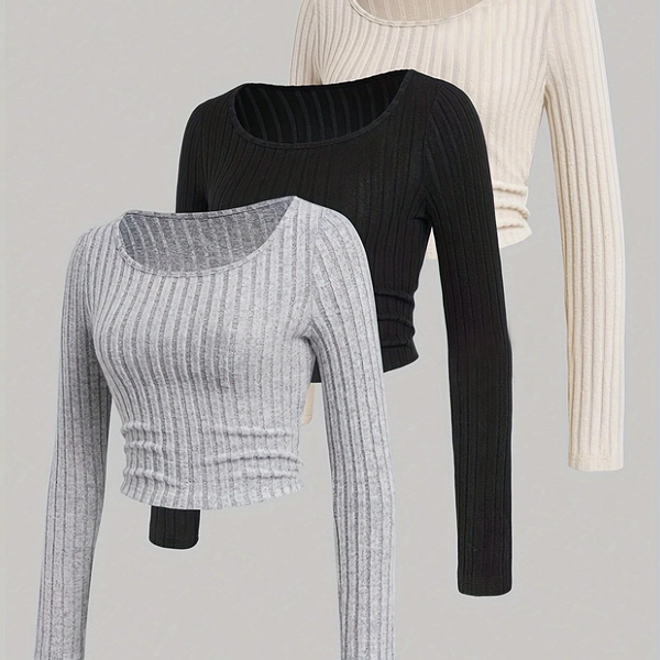 Set of 3, Ribbed Long Sleeve Base T-Shirts, Versatile Crew Neck Long Sleeve T-Shirts Suitable for Autumn And Winter, Women'S Clothing