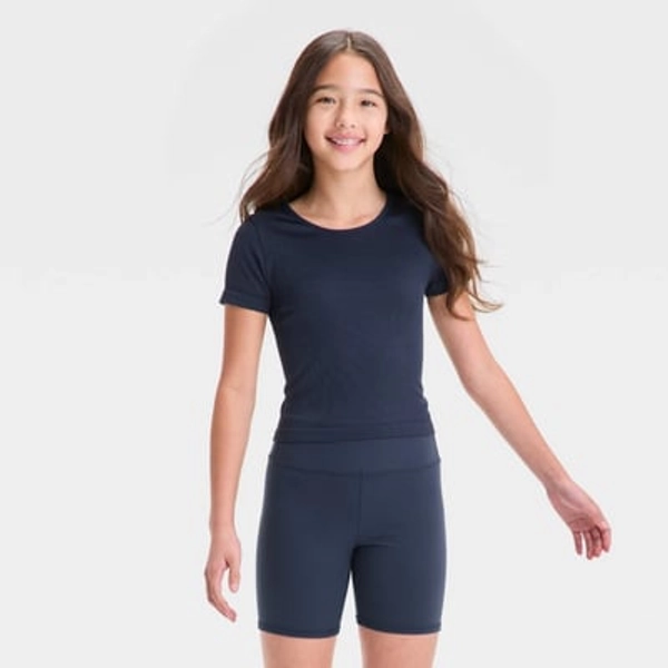 Girls' Seamless Crop T-Shirt - All In Motion™ Navy Blue M: Fitted Knit Pullover, Short Sleeve