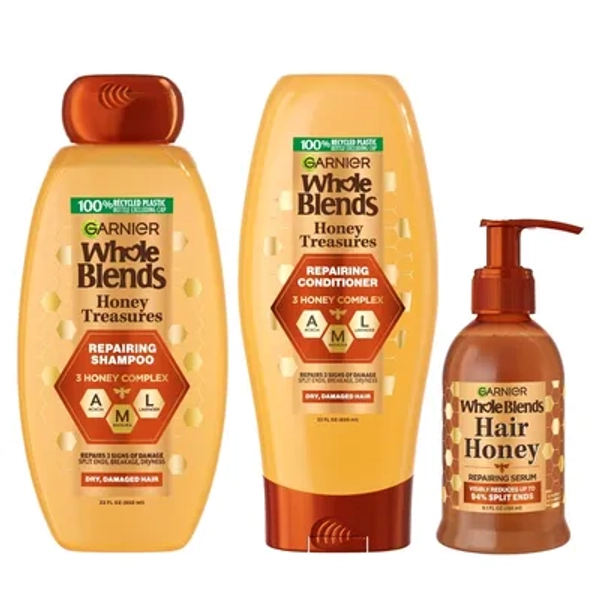 Garnier Whole Blends Honey Treasures Hair Repairing 22 fl oz Shampoo + 22 fl oz Conditioner + 5.1 fl oz Leave-In Serum