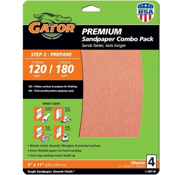 Gator Premium Sandpaper Combo Pack 9 in x 11 in 120/180 Grit (4 Pieces)