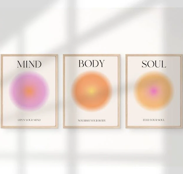 Mind Body Soul Aura Poster 3 Piece Wall Art, Aura Energy Spiritual Gradient Set of 3 Prints, Y2K Aesthetic Room Decor Spiritual Zen Wall Art