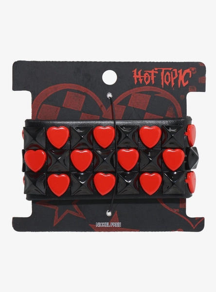 Black & Red Heart Pyramid Stud Cuff Bracelet