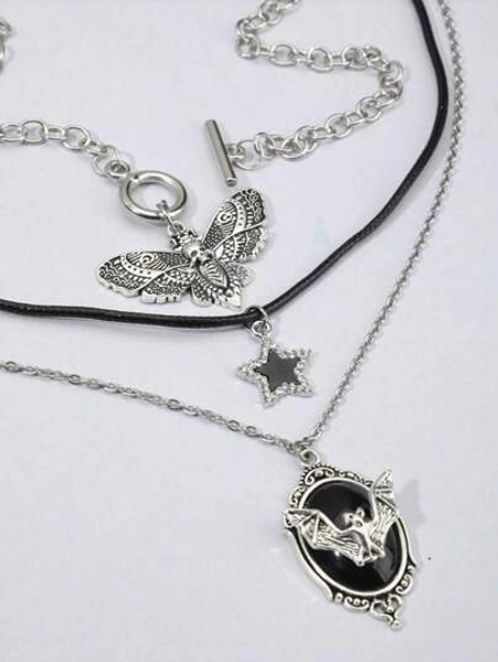 ROMWE Fairycore 3pcs Vintage Gothic Bat, Star, Moth Pendant Necklace Set For Women, Halloween