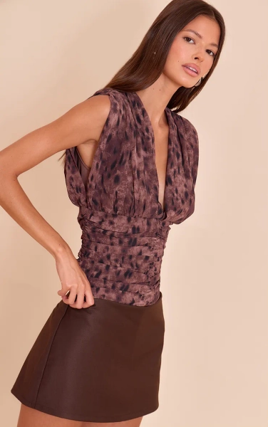 Light Brown Chiffon Plunge Ruched Bodice Top