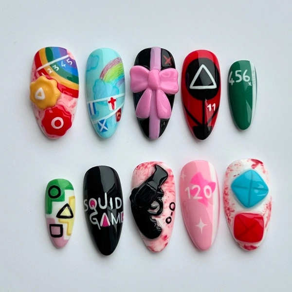 One More Game - Sq*id G*me Inspired Press Ons, Korean Press On Nails, K-Drama Inspired Press Ons, Handmade Press Ons, Hand Sculpted Art.