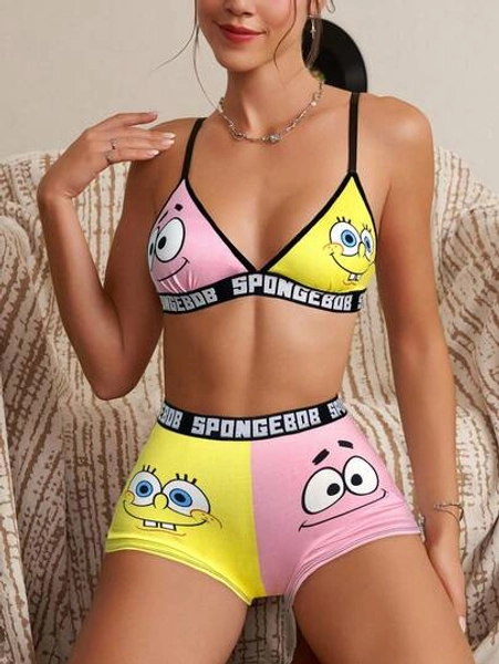 SpongeBob SquarePants | SHEIN Women's Yellow & Pink Colorblock Cartoon Pattern Spaghetti Strap Sexy & Comfy Bikini Bra And Boyshorts Set,Kawaii,Y2K,Cute,Sweet, Funny Lingerie Cute Underwear Set