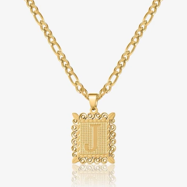 DORADO Embossed Initial Necklace w/ Figaro Chain 18"