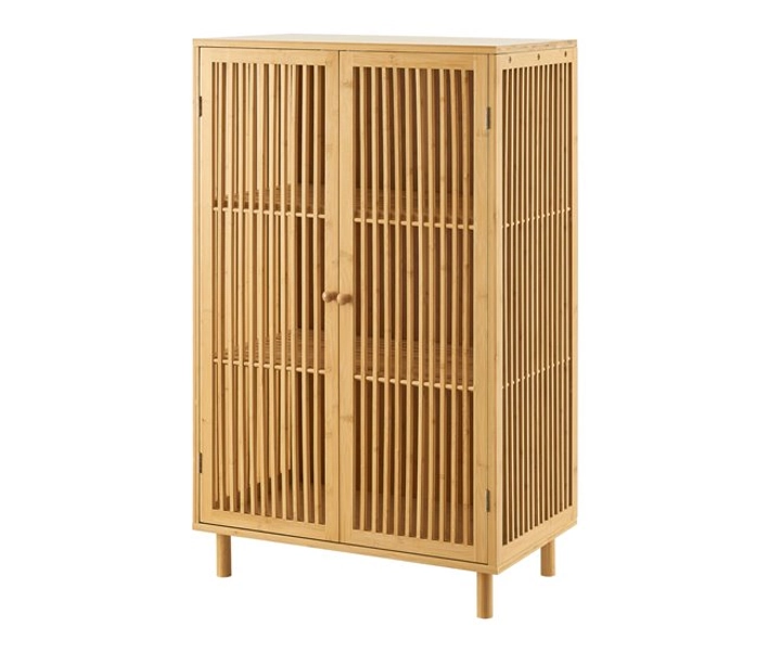 Aparador Grong de 3 níveis com 2 portas de grelha de bambu 110 x 66 x 40 cm - Natural [en.casa]