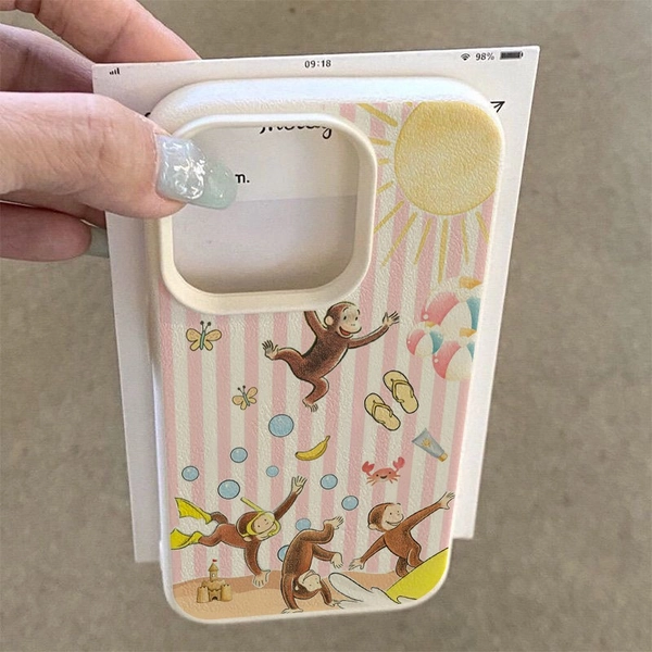 Phone Case: Beach Monkey Summer Stripe Pattern Lychee Texture Ivory White Phone Case, Suitable for Apple iPhone 17/16/15/14/13/12/11 Plus/Pro/Max Series,  Instagram-Style Protective Cover, Fashionable Phone Case with Simple Protection and Cute