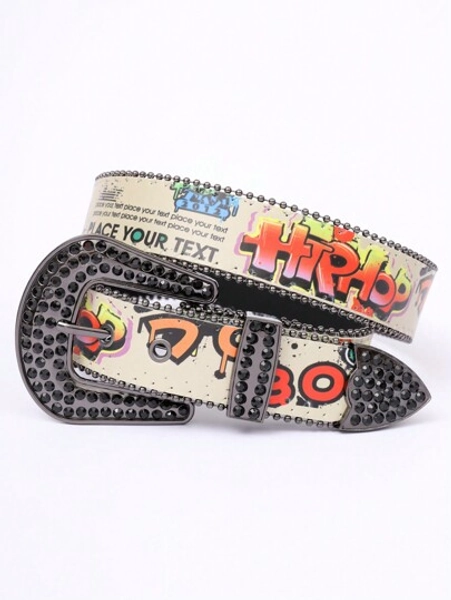 1pc Solid Color Rhinestone Belt, Embedded With Sparkling Crystals, Punk Style Faux Leather Belt For Jeans Dress