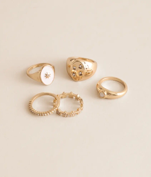 8 Gold 5 Pack Glam Ring Set