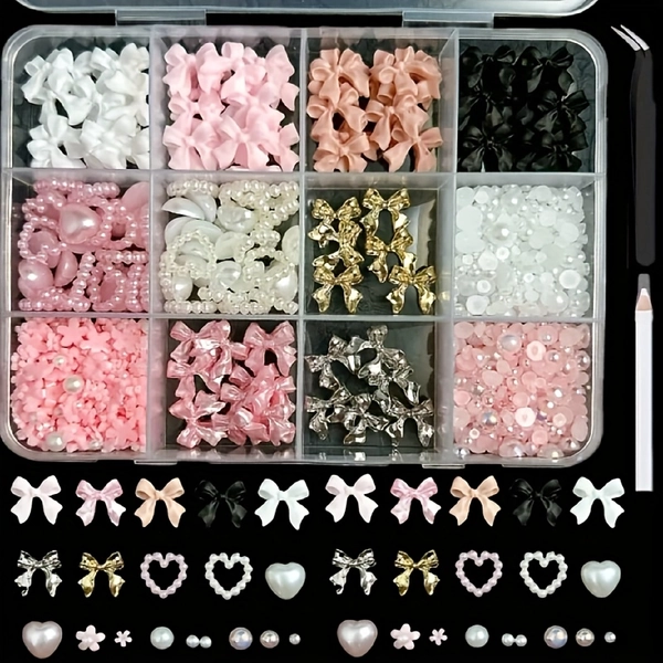 Nail Art Decorations Kit 12 Grid 3D Nail Gems - Flatback Heart Pearls Rhinestones & Bow Charms (Black/White/Pink) for Acrylic Gel Nails, DIY Manicure - Include Tweezers & Dotting Pen, Salon Supplies