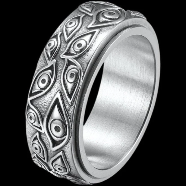 Cult Of Eyes Spinner Ring | Stainless Steel Gothic Jewelry | Chrome Cult, Oxidized Silver / 11