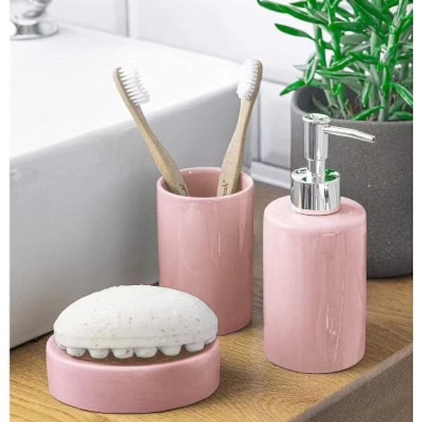 *NEED 2*Home Mart Goods Pink Dolomite Bathroom Accessories Set - Soap Dispenser, Soap Dish & Tumbler