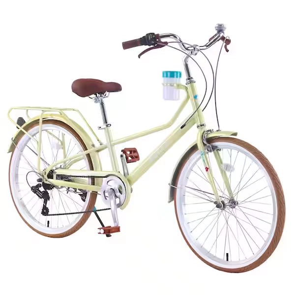 Sudzendf Yellow 24 Inch 6 Speed Women's Cruiser Bike ,Step-Through Commuter Bicycle with Rear Rack & Cup Holder H-E1298