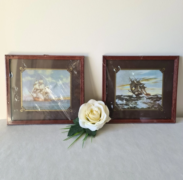 Vintage After Montague Dawson Framed Ship Prints, Pair of Small Wall Decor