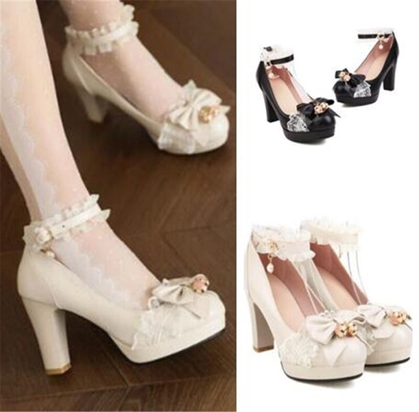 Women's Bow Ankle Strap Lolita High Heels Block Heel Sweet Shoes Outdoor Pumps