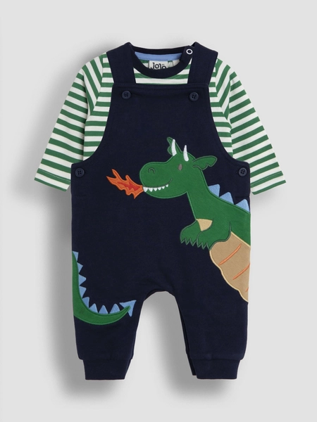 JoJo Maman Bébé Dark Blue Dragon 2-Piece Appliqué Dungarees & Stripe Top Set