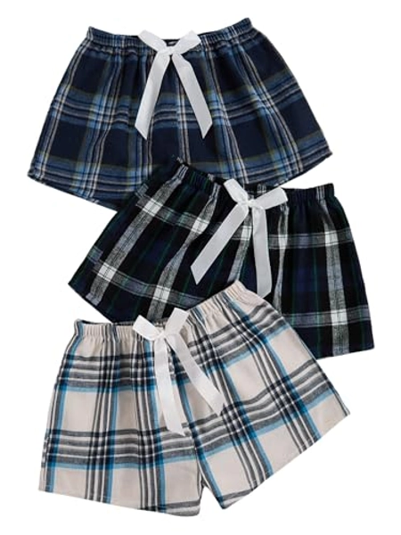 Milumia Women's Flannel Pajama Shorts Plaid Elastic Waist Sleep Pj Shorts 3 Pack Light Blue Small