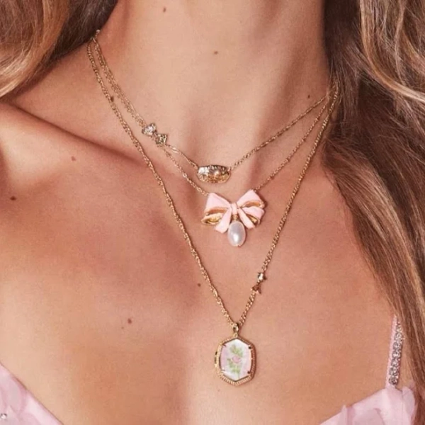 Kendra Scott X Loveshackfancy Necklace Real Pearl Drop Bow Pink Gold
