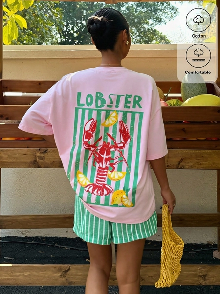 Muchica Women's Light Pink Summer Casual Graphic Streetwear City Break Holiday Loose Raglan Tee,Lobster Stripe & Letter Print Beach T-Shirt,Pastel Colors