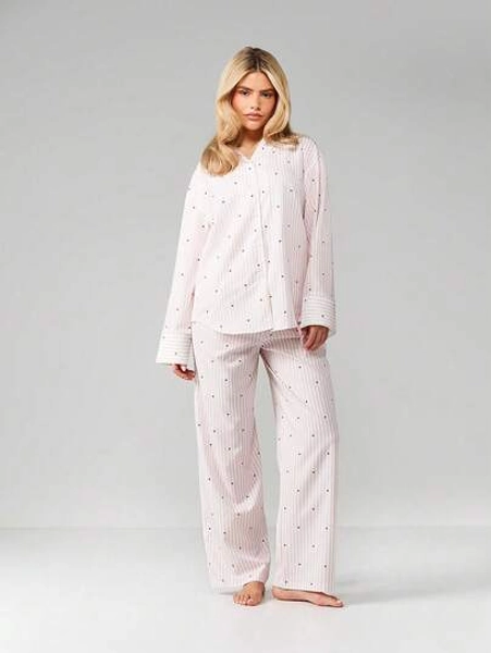 MISSGUIDED Striped Button Up Pajama Set With Small Heart Print Long Sleeve Top And Matching Pants For Lounging