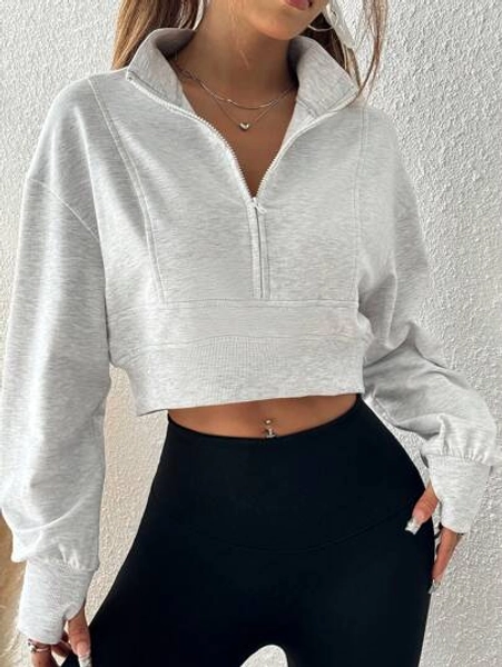 SHEIN EZwear Women's Front Zip Long Sleeve Minimalist Cropped Sweatshirt, Casual Daily Wear,Long Sleeve Tops Graduation,Back To School Outfits,Graduation,Teacher Outfits For Women,Back To School In Fall/Winter