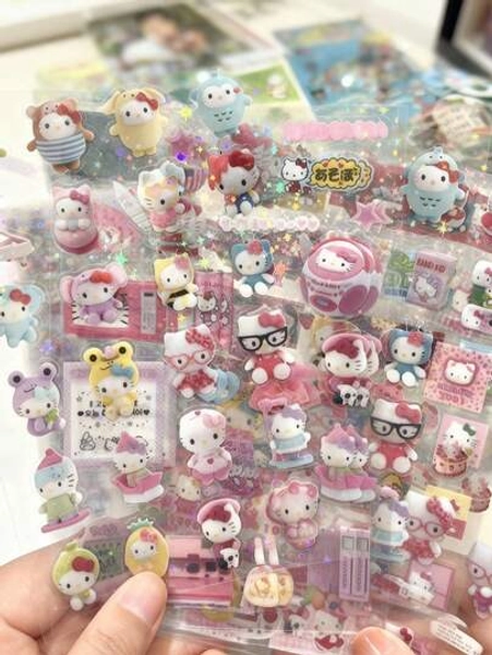 Sanrio 5pcs High-Quality Cartoon Japanese-Style Hello Kitty And Rilakkuma Stickers For Journaling And Decorating – Cute And Shiny Cartoon Cat Stickers, Suitable For Diaries, Scrapbooks, DIY Crafts, Water Bottles, Suitcases, Notebooks