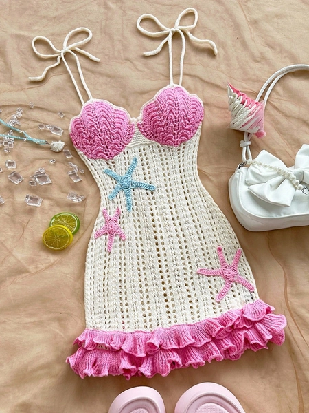 Soleia Vestido de punto con decoración de estrella de mar melocotón, dobladillo con doble volante y cuello halter, adecuado para vacaciones, citas, té de la tarde, playa, crucero, vacaciones en la ciudad, temporada de bodas, festival de música, vacaciones bohemias