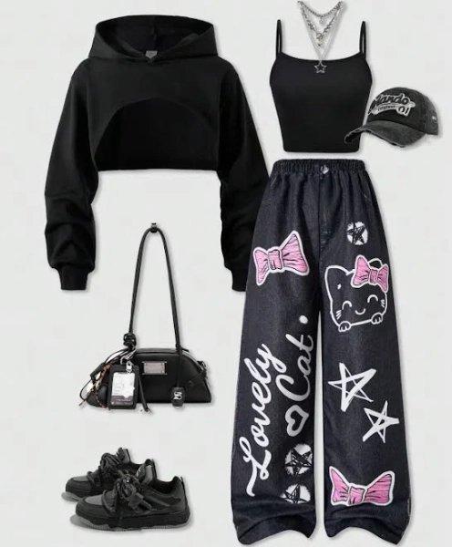 SHEIN Girls 3-Piece Street Style Denim Print Tracksuit