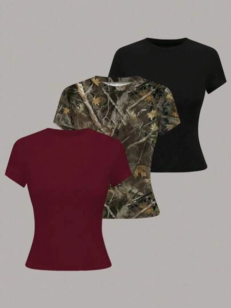 SHEIN LUNE Women's Solid Color T-Shirt, Short Sleeve Top, Minimalist And Fashionable, Suitable For Summer
