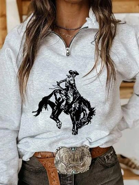 Lunelith SHEIN Lunessa Women's Casual Pullover Top, Street Style, Graphic Print Half-Zip Sweatshirt, Cute Autumn/Winter Blouse, Vacation Vibe, Retro Design Fall Cloth For Women