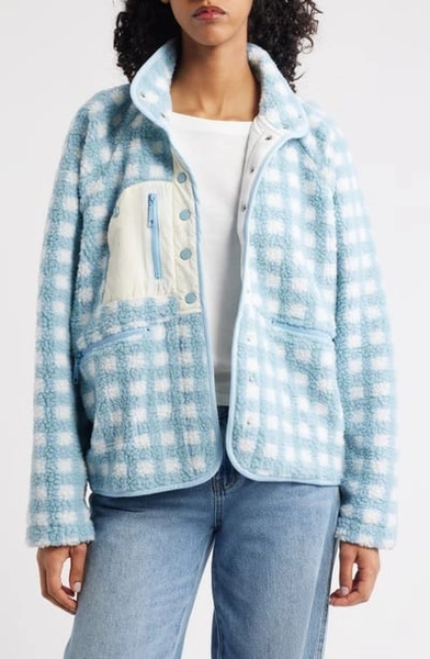 HAPPY CAMP3R Gingham Grace Fleece Pullover in Sky Blue at Nordstrom, Size Small