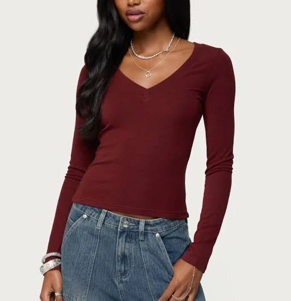 Edikted Women's Larna V Neck Ribbed T-Shirt
