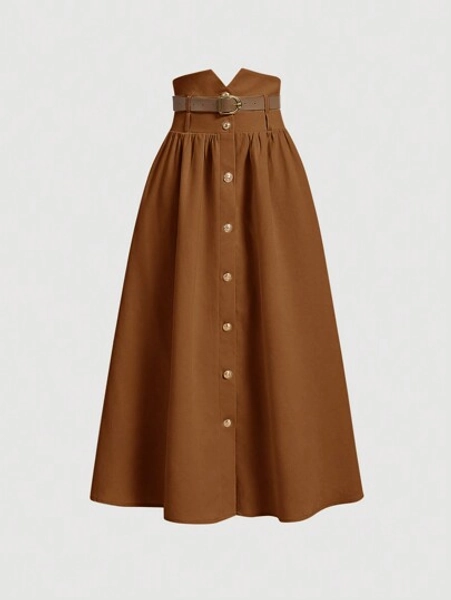 SHEIN MOD Reddish Brown High Waist Metallic Buckle A-Line Skirt With Belt