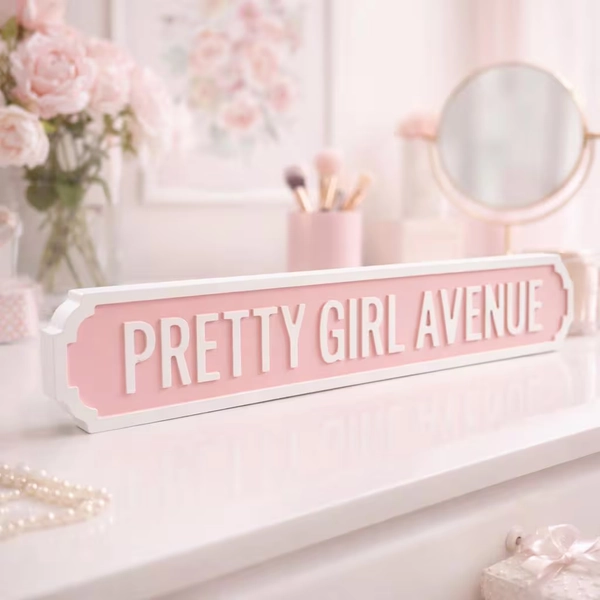 Pink Wooden Pretty Girl Avenue Sign: Vintage Style Bedroom Decor