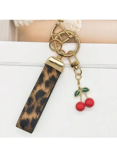 TTOBS 1 Handcrafted Leopard Print Leather Car Key Chain With Cute Cherry Pendant - , Fashionable & Versatile Backpack Key Ring - Perfect Accessory For Backpacks. Ideal Gift For Valentine's Day Or For That Special Lady.