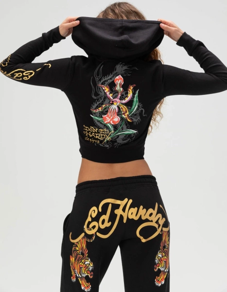 ED HARDY Tigers Womens Crop Zip-Up Hoodie - BLACK