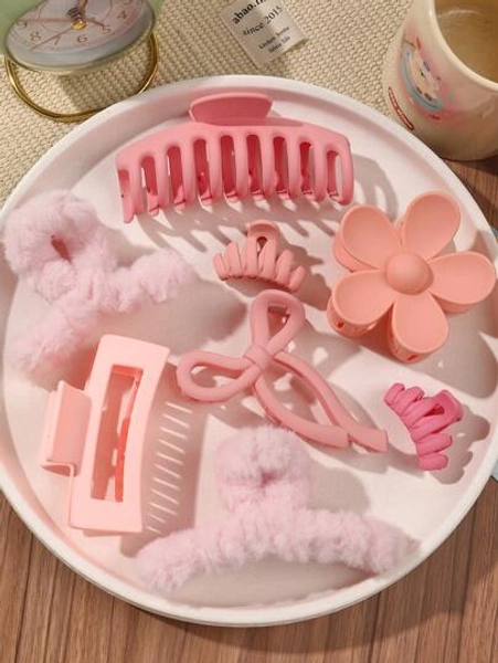8pcs/Set Soft Peach Pink Minimalist Hair Accessories Combo - Flower, Claw Clip, Barrette, Scrunchie, Bangs Clip, Ponytail Holder, Versatile For Daily Wear, Autumn/Winter Fall Hair Claw Winter Hair Clips Fashion Hair Clutch Elegant Clips For Hair For Vacation Outfits Woman