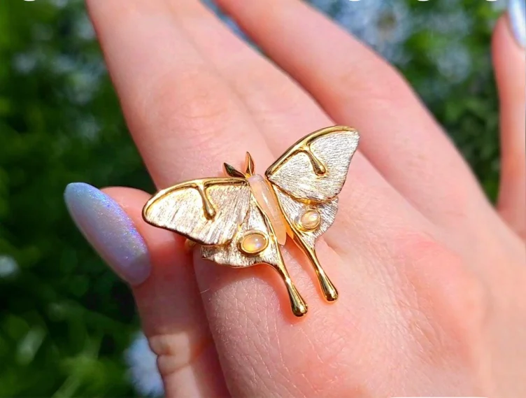 Luna Moth Moonstone Ring - Silver & Gold Nature-Inspired Moth Jewelry, Celestial Moonstone Statement Ring