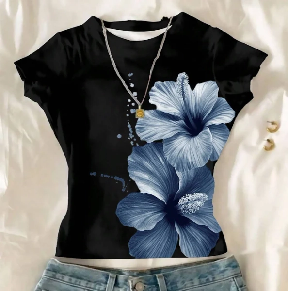 SHEIN Teenage Girls' Floral Fitted Crew Neck Crop Top