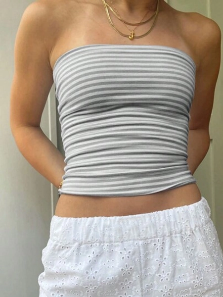 Jouncy Women's Summer Casual Striped Slim Fit Cropped Tube Top