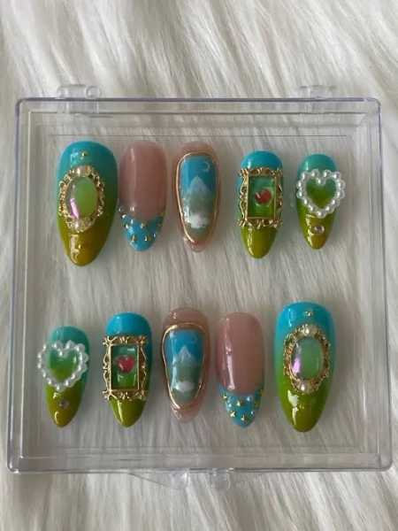 Spring false nails, hand painted, charms nails, colour nails, 10 pcs