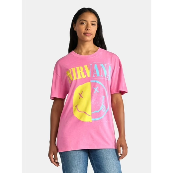 Nirvana Women's Front Back Graphic Band Tee with Short Sleeves, Sizes XXS-XXL