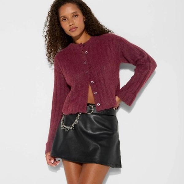 Women's Ribbed Crewneck Cardigan - Wild Fable™ Burgundy XXS