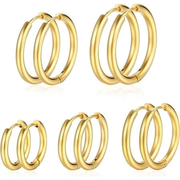 18K Gold Plated Lightweight Huggie Hoop Earrings (5 Pairs)