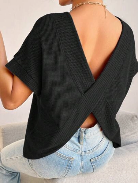 SHEIN Essnce Solid Waffle Knit Batwing Sleeve Tee
