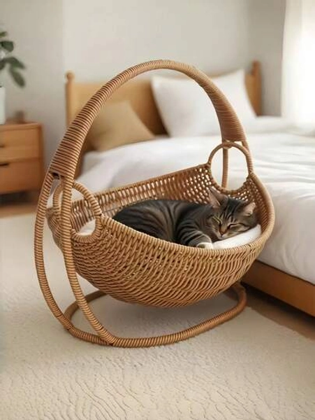 1PC Handmade Woven Cat Hammock Bed Easy Assembly Durable Comfortable Pet Sleeping Swing Basket With Stand Shelf For Indoor Small Medium Pets Up To 7kg Cats Kittens Small Dogs Cozy House Furniture Home Decor Brown