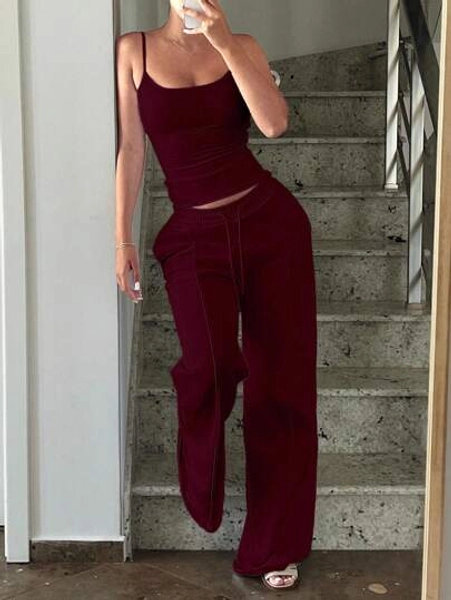 2pcs Summer Plain Solid Camisole & Drawstring Waist Sweatpants Set