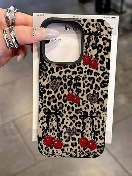2pc Leopard Print Cherry Pattern Phone Case, Personalized & Fashionable Protective Cover, Suitable For IPhone17/IPhone17 Pro Max/IPhone16 Pro Max/IPhone15 Pro/IPhone14/IPhone13/12/11, Great Gift For Friends And FamilyFOR-YOUR-BELOVED-PHONE Christmas Gifts Christmas Gifts